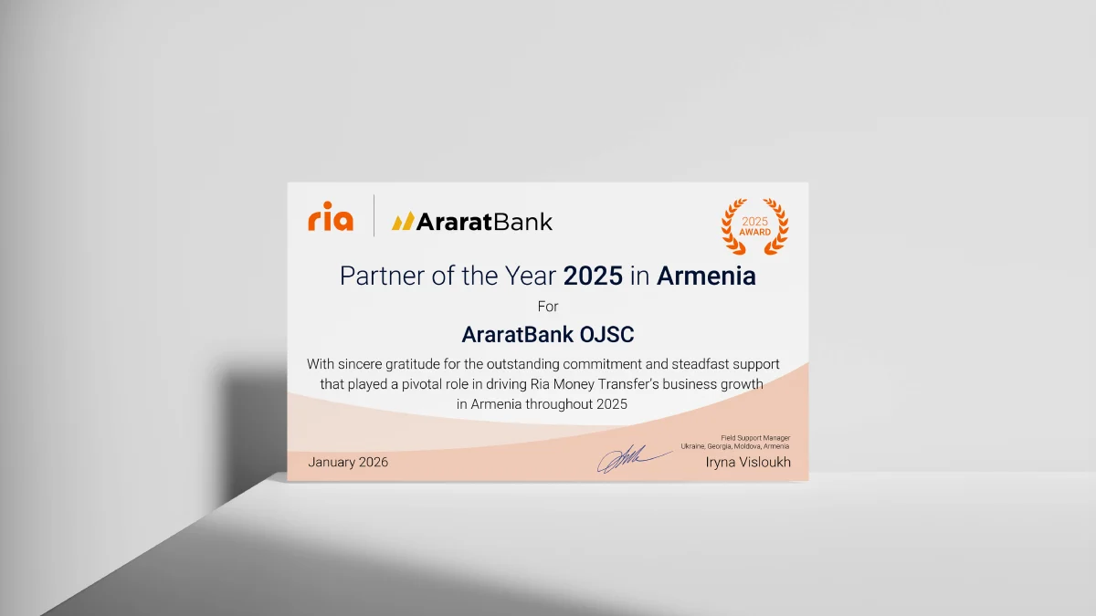 AraratBank Earns RIA Money Transfer’s Partner of the Year in Armenia for the Seventh Consecutive Year